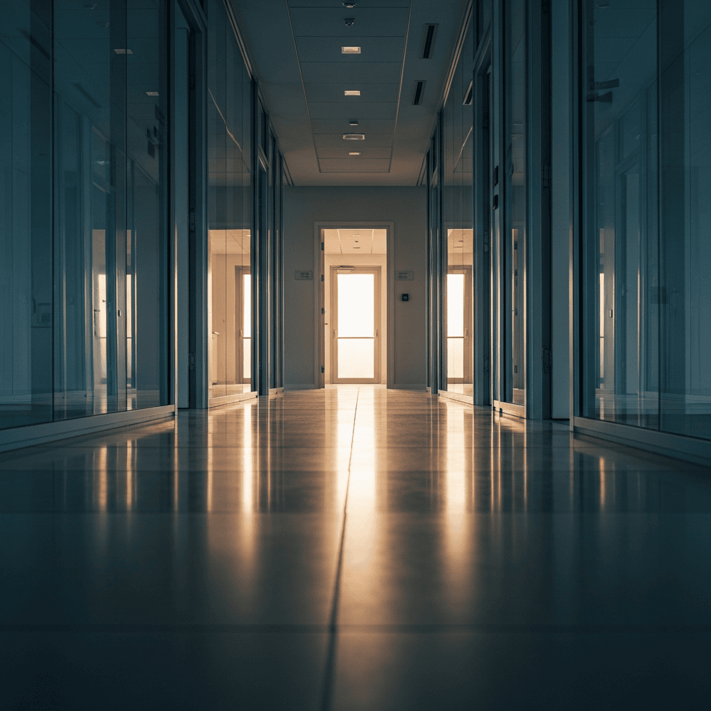 Sunlit modern office corridor with an open door at the end, suggesting a clear path forward.