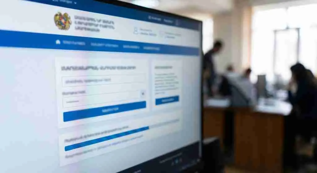 Computer screen showing the Armenian Ministry of Justice e-portal for online company registration.