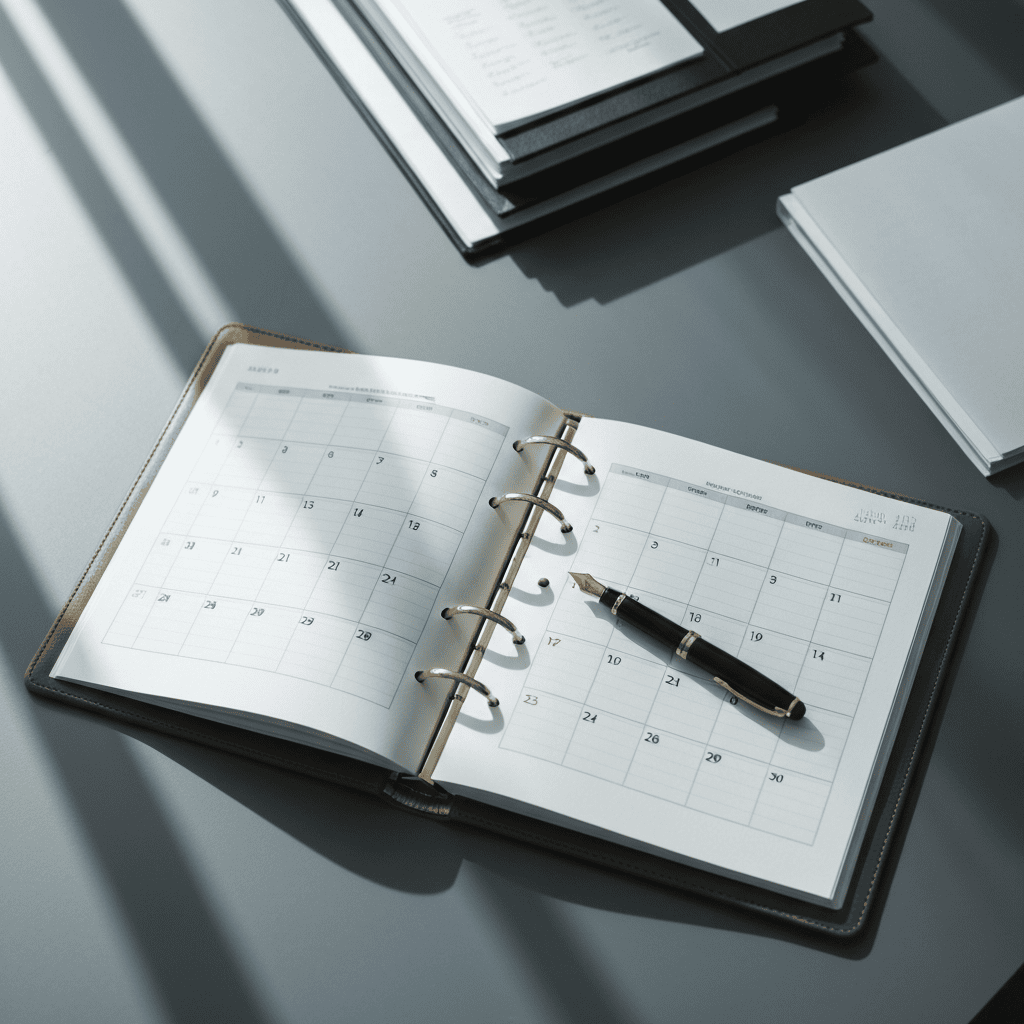 Открытый ежедневник и упорядоченные документы на профессиональном рабочем столе при естественном освещении.