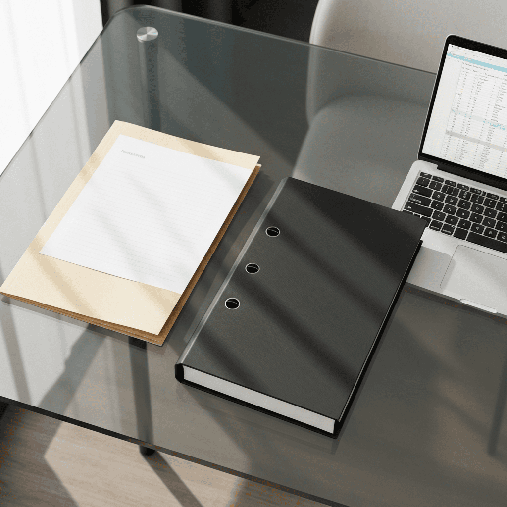 现代办公桌上摆放着两个文件袋和一台笔记本电脑，分别代表个人和企业税务方面的考量。