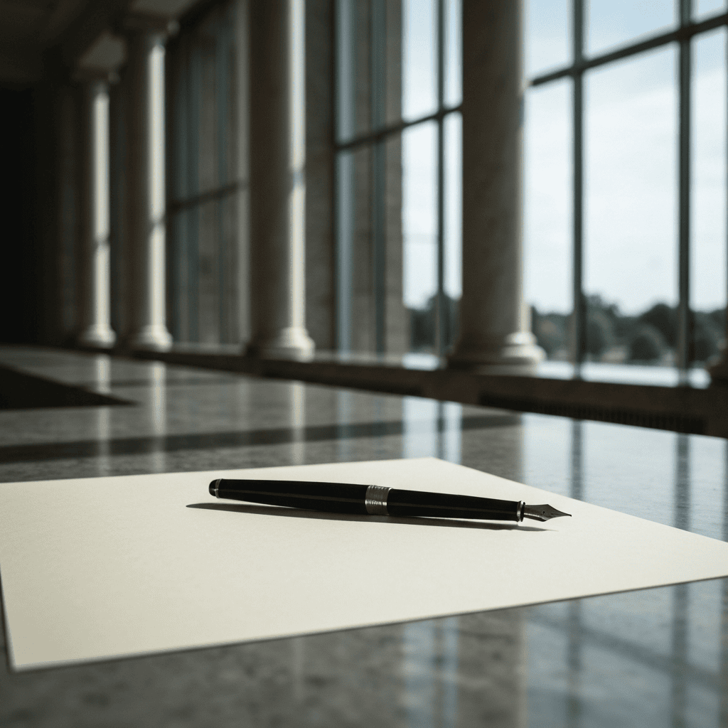 Elegant marmeren bureau met vulpen op papier in een zonnig interieur van een overheidsgebouw.
