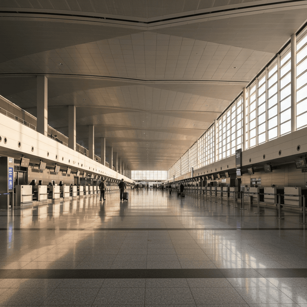 Modern airport terminal with travelers and natural light streaming through large windows