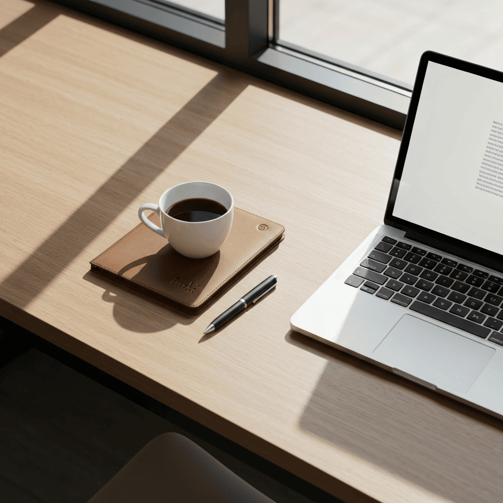 Minimalist desk workspace with laptop and coffee cup in natural morning light