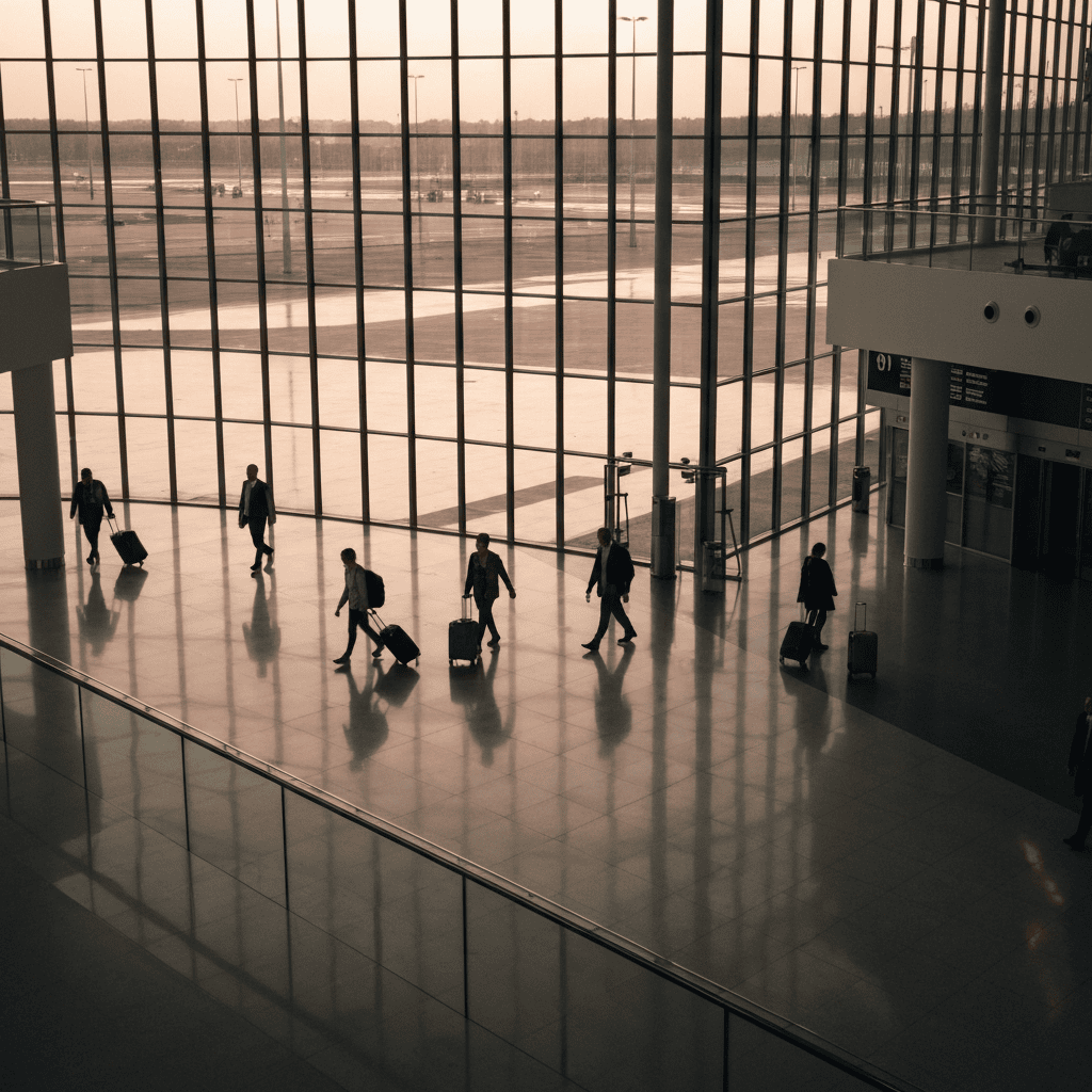 Travelers in modern airport terminal with natural light and contemporary architecture