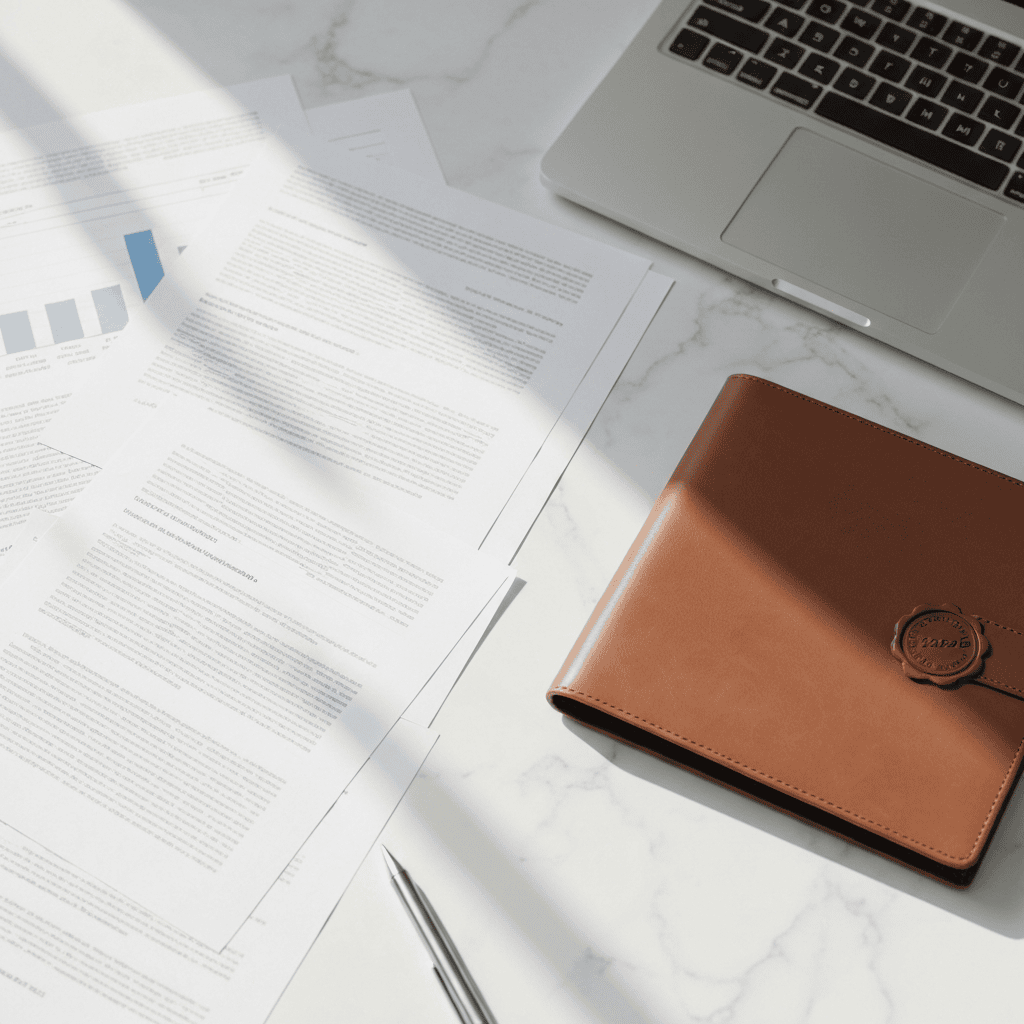 Business documents and laptop on marble desk suggesting trademark registration process