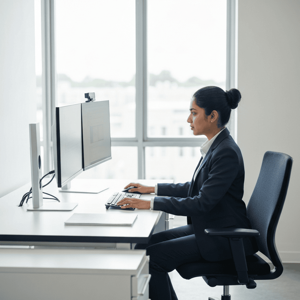 Modern university administrative office with staff member at computer workstation processing digital applications