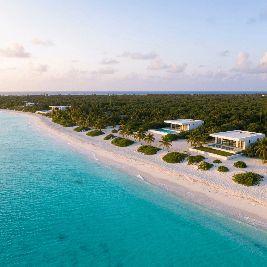 Aerial view of Caribbean coastline with turquoise waters and modern architecture at sunset