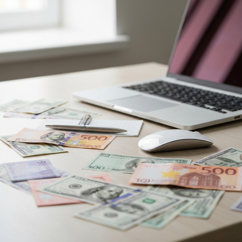 International currency notes and calculator on modern office desk suggesting foreign exchange planning
