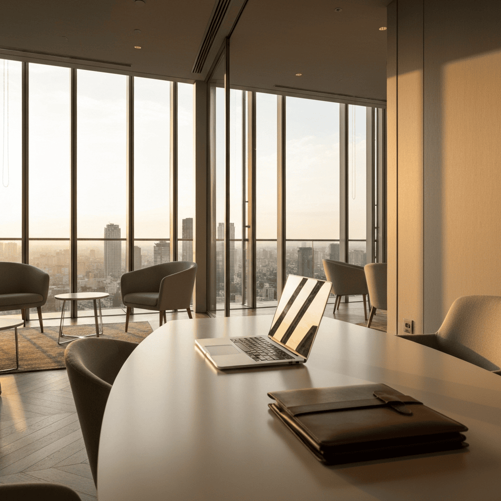 Modern conference room with tropical coastal view through expansive windows and minimalist business setup