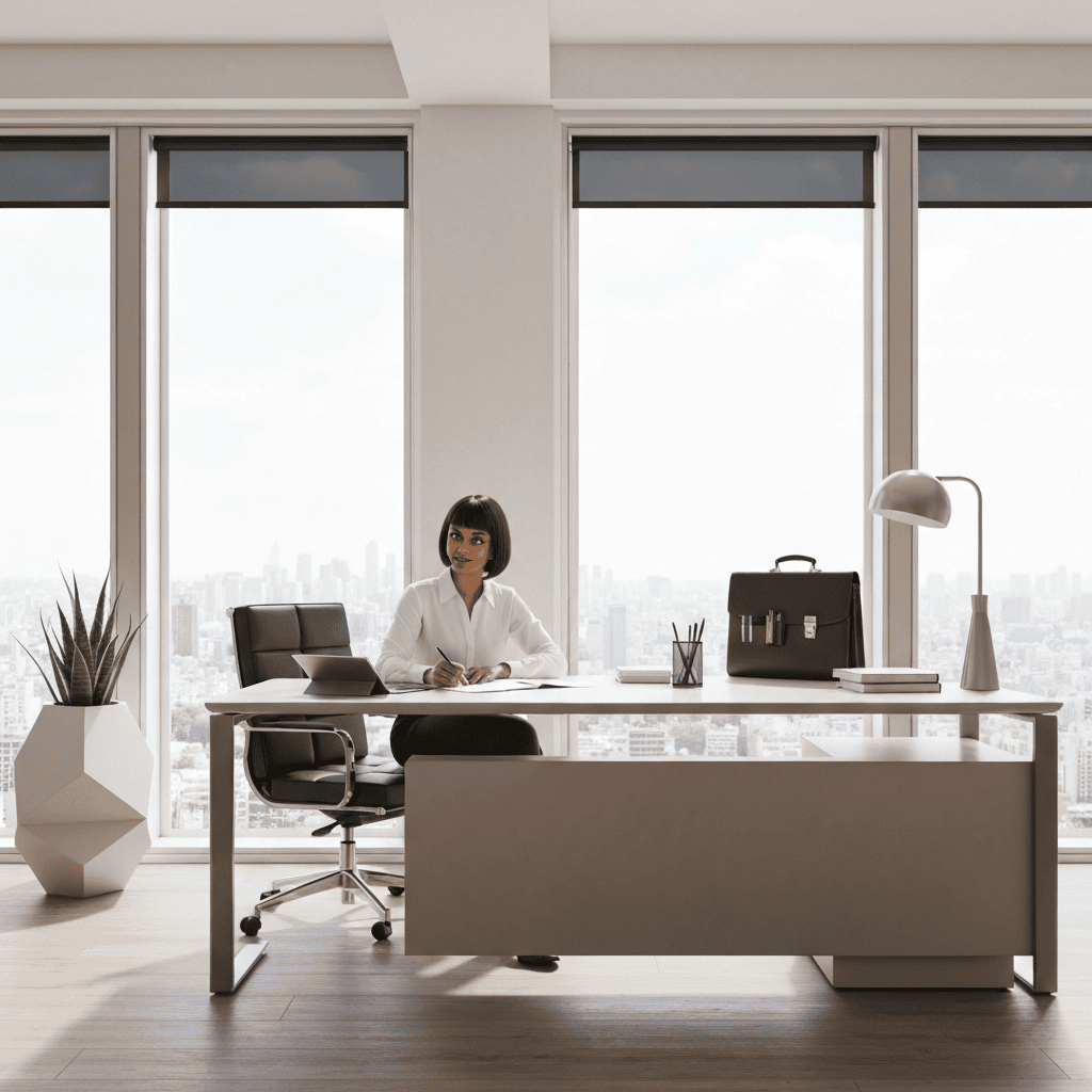 Professional business desk setup with portfolio and documents on marble surface