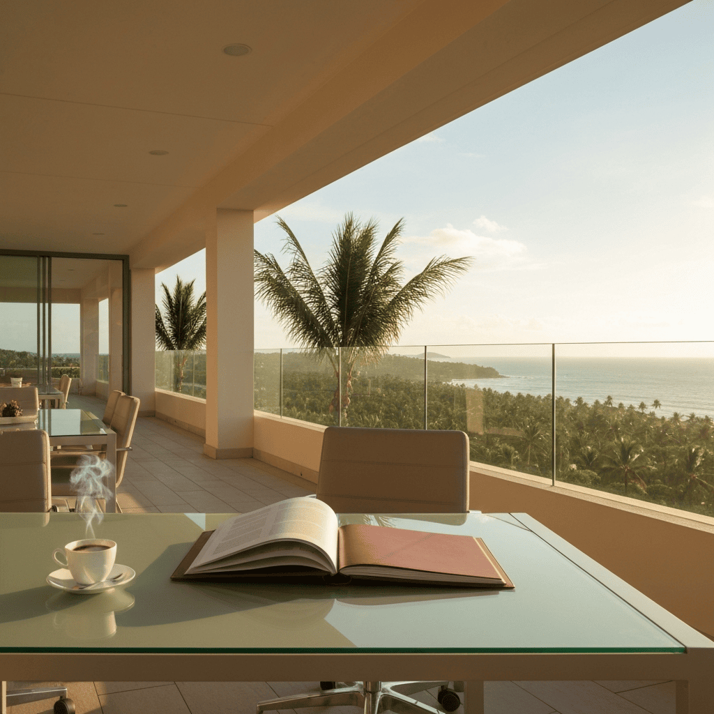 Modern office terrace with leather portfolio and espresso overlooking a tropical coastline at golden hour