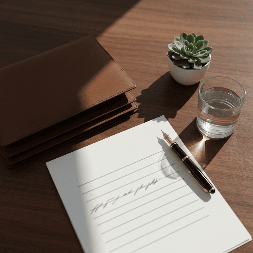 Leather portfolio and fountain pen on a sunlit walnut desk in a modern professional office