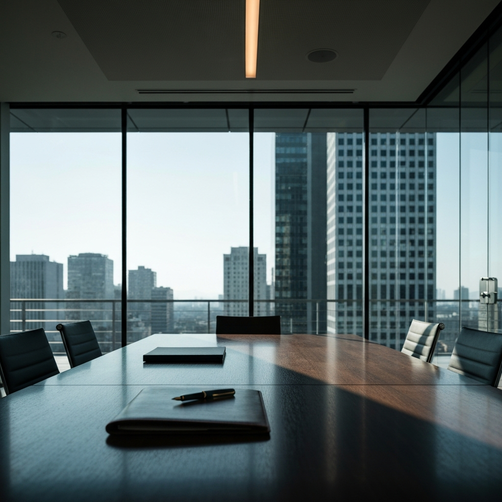 Leather portfolio and fountain pen on a polished conference table with a glass-walled city view