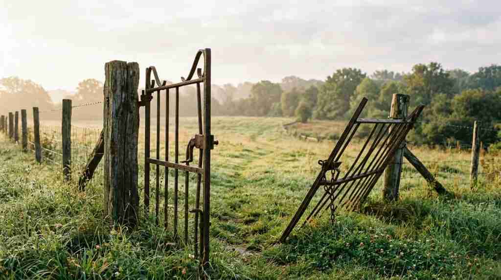 An open iron gate stands askew along a rural fence line dividing two grassy fields in soft morning light