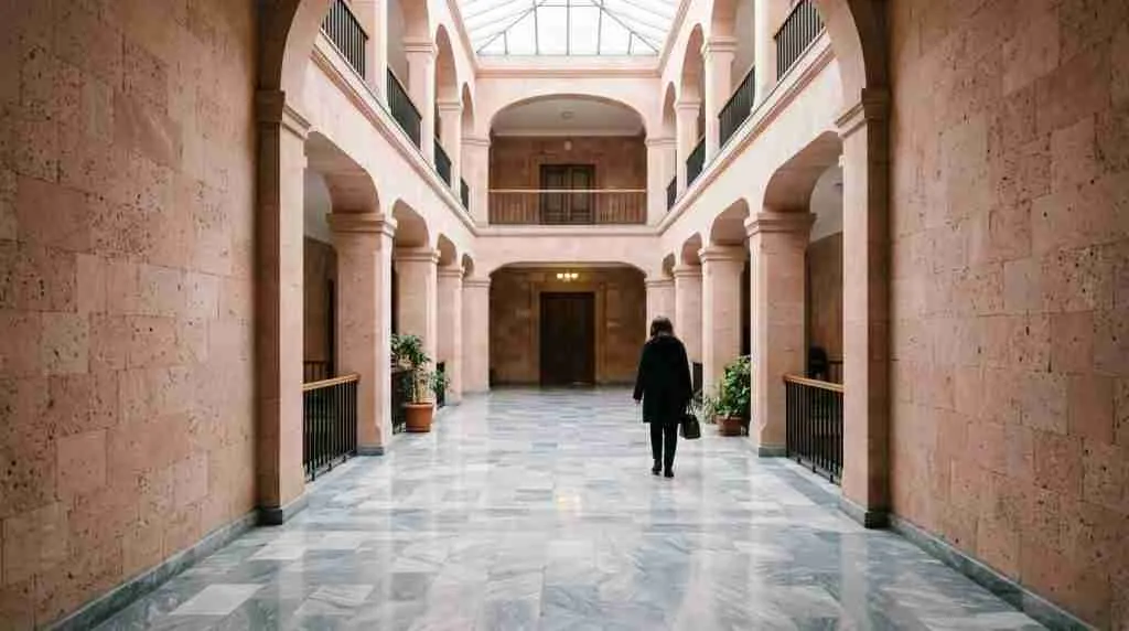 Corredor de pedra vulcânica iluminado pelo sol com piso de mármore, que leva a portas fechadas em um edifício institucional armênio.