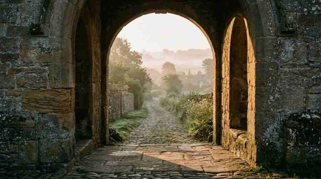 Stone archway open to a misty cobbled path at sunrise, long shadows across worn stone