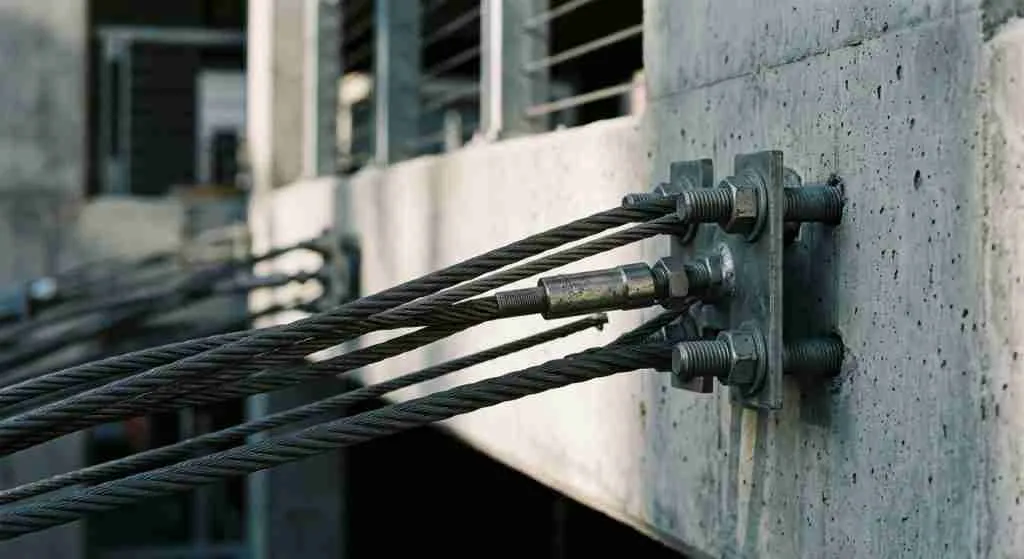 Cabos de aço esticados, ancorados em concreto moldado, com a luz rasante delineando sua tensão contra um fundo cinza.