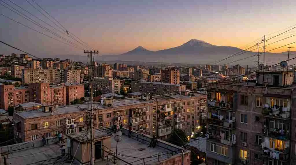 Telhados e cabos de Yerevan ao entardecer, com blocos de apartamentos de concreto contra um céu violeta que se desvanece.