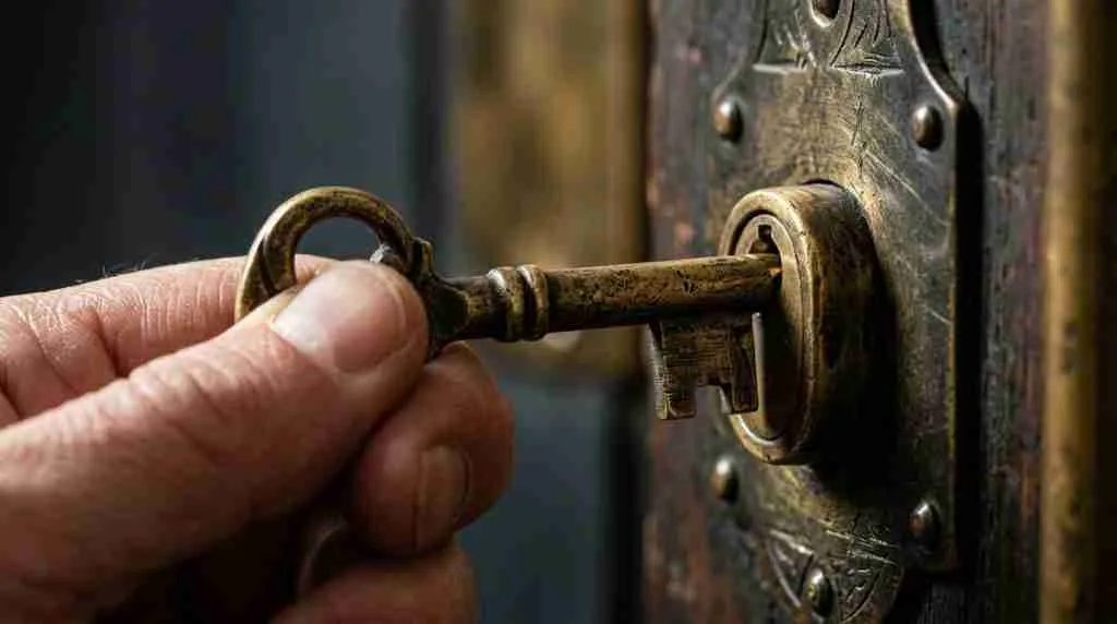 Close-up of a hand turning a brass key in a lock, softly blurred neutral background