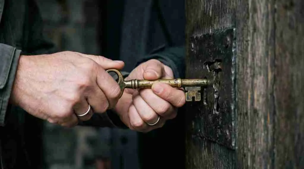 Close-up of hands turning a brass key in an old iron lock, softly lit against a blurred grey background