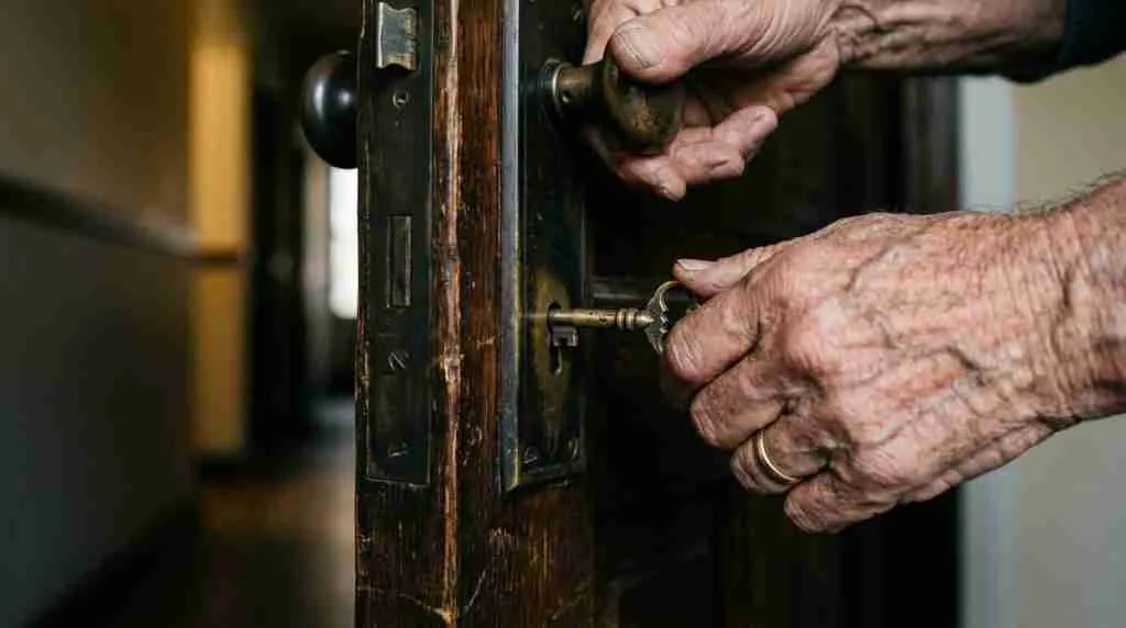 Close-up of hands turning a brass key in an apartment door lock, corridor blurred behind