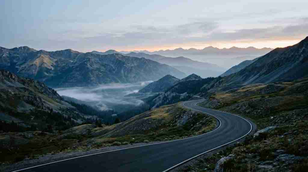 A paved road winding through a misty mountain pass at dawn with layered ridgelines fading into haze