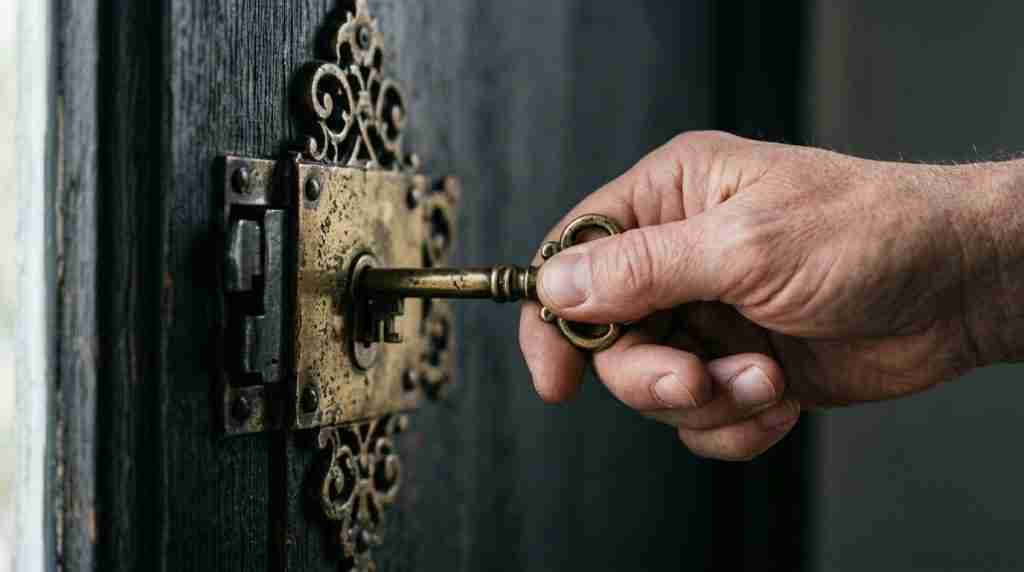 Close-up of a hand turning a brass key in an ornate lock, soft light on metal, blurred dark background