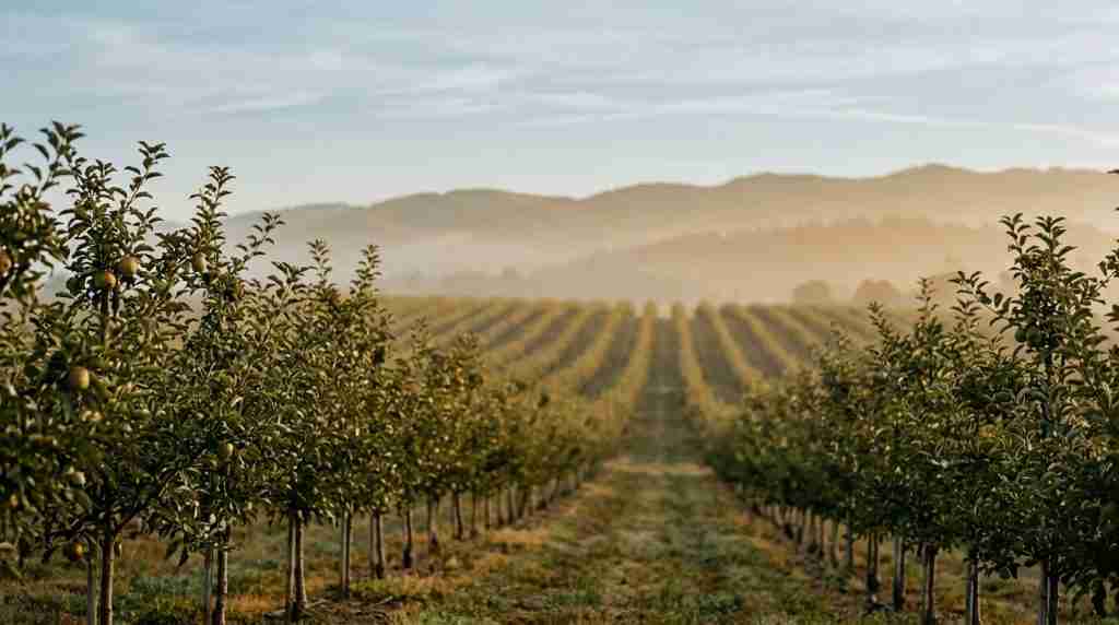 Rows of orchard trees receding toward a hazy ridge under soft morning light