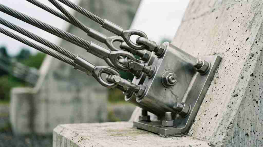 Tensioned steel cables anchor into a brushed metal joint set within a poured concrete support