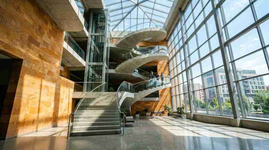 Spiral concrete stairwell inside a glass-walled Yerevan atrium with tuff stone cladding and skylight above