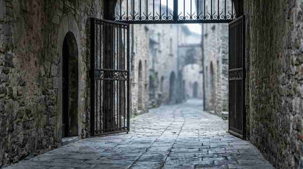 An open steel gate at the end of a stone passage, soft daylight spilling through onto worn paving