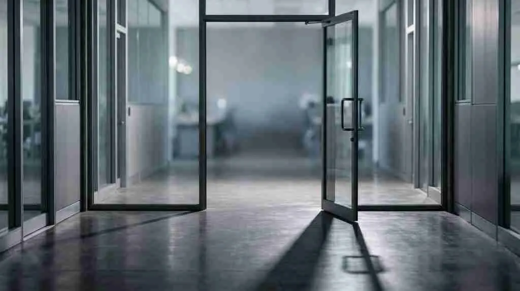 Eine offene Glastür zwischen zwei Büroräumen, durch die das Morgenlicht einen langen Schatten auf den Betonboden wirft.