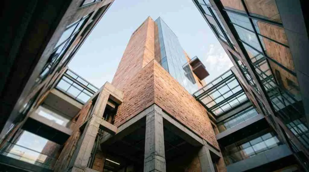 Glass and tuff-stone office tower in Yerevan photographed from below through a concrete atrium at dawn