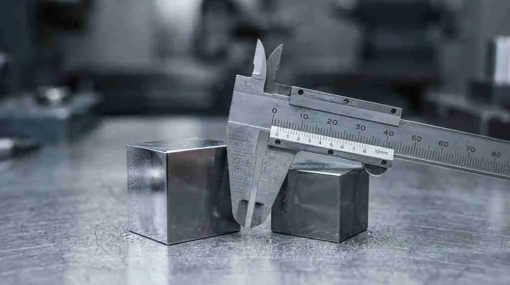 Stahlmessschieber messen den Abstand zwischen zwei Metallblöcken unterschiedlicher Höhe unter kühlem Studiolicht.
