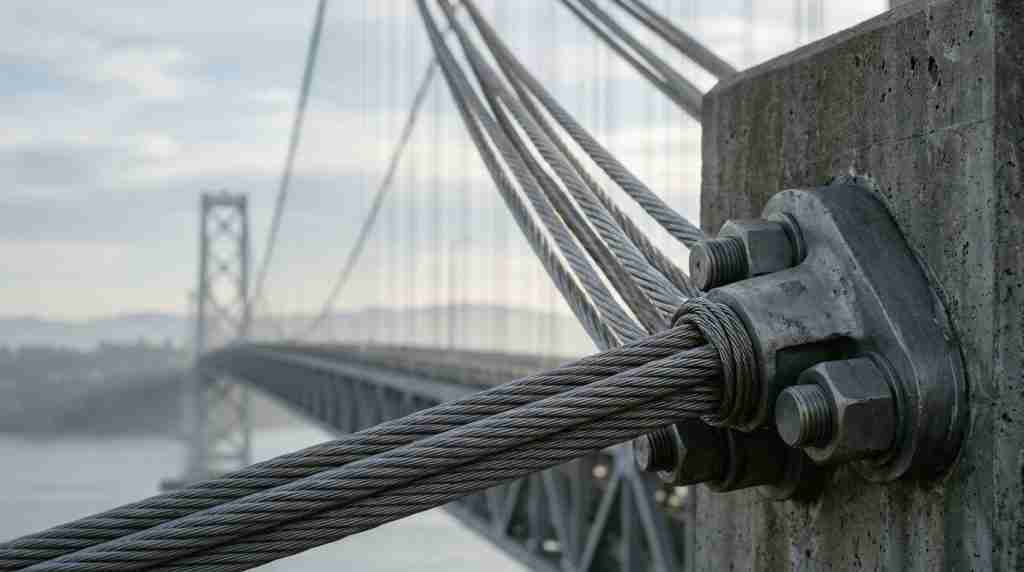 Taut steel suspension cables anchored to a concrete pier, span fading into distant haze