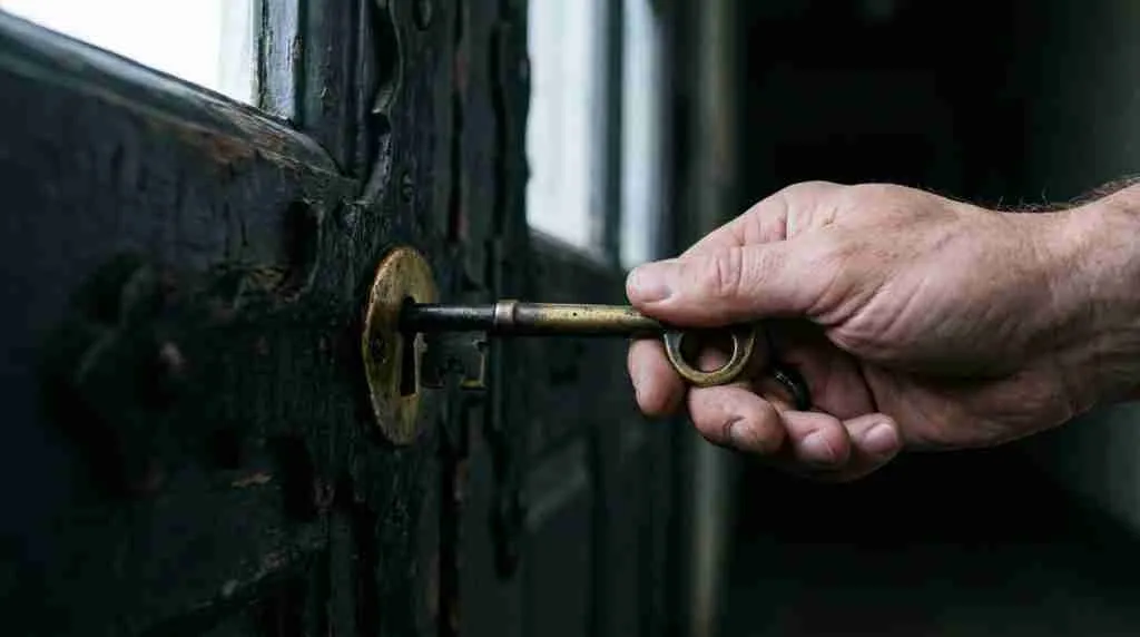 A hand turns a brass key in a heavy metal door lock, lit from a high window with the background softly blurred