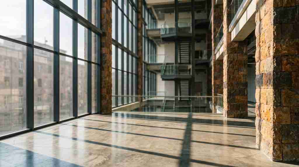 Sunlit atrium with tuff stone columns and a glass curtain wall casting geometric shadows on concrete