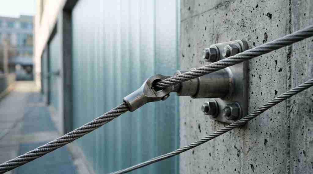 Taut steel cables anchored to a concrete wall beside a frosted glass panel, light raking across brushed metal