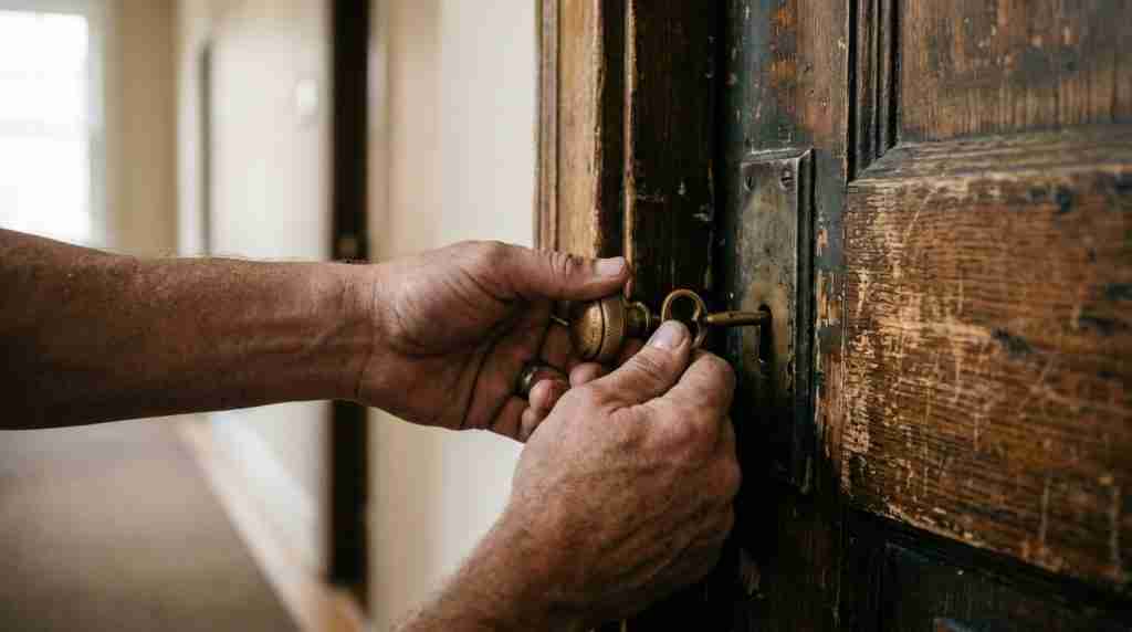 Close-up of hands turning a brass key in an apartment door lock with soft morning light