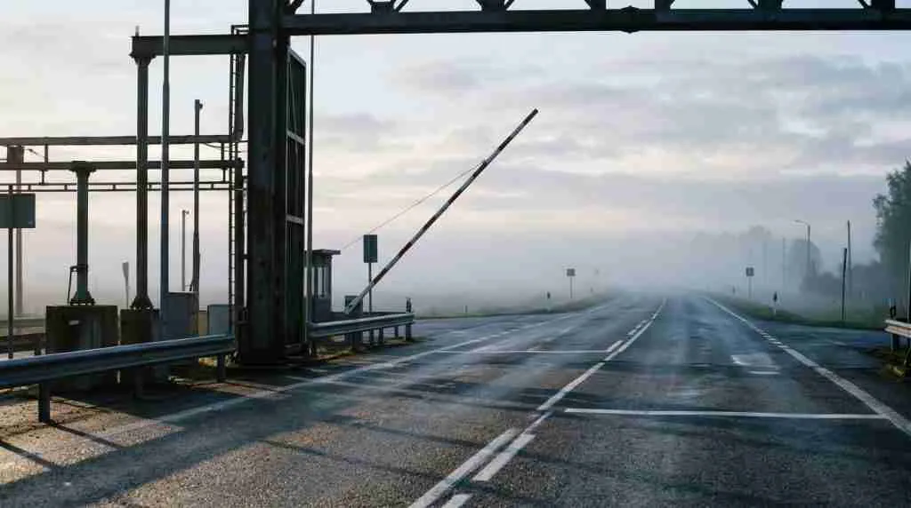An open metal border gate on an empty road at dawn with a raised barrier and mist on the horizon