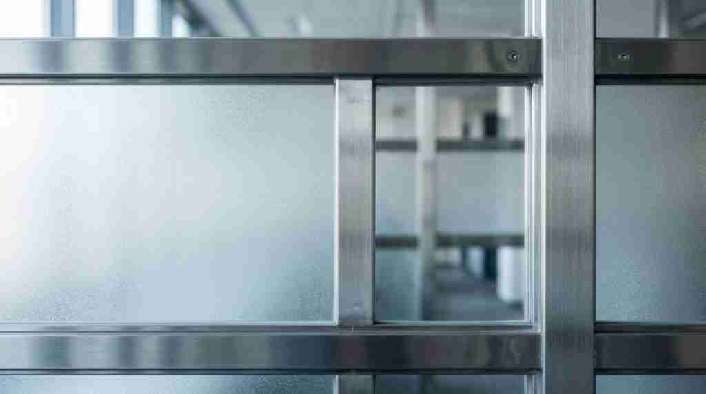 Frosted glass panel in a brushed steel frame with soft daylight creating layered translucent reflections