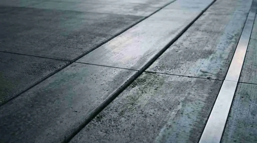 Poured concrete surface divided by sharp cast lines, one edge inset with brushed reflective steel