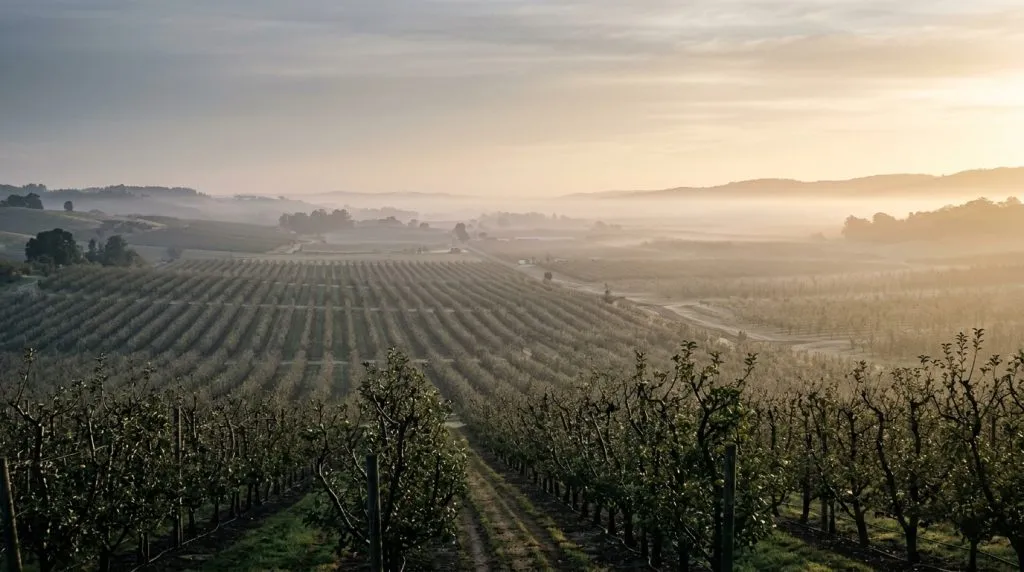 Rows of orchard trees stretch toward a hazy horizon under soft morning light