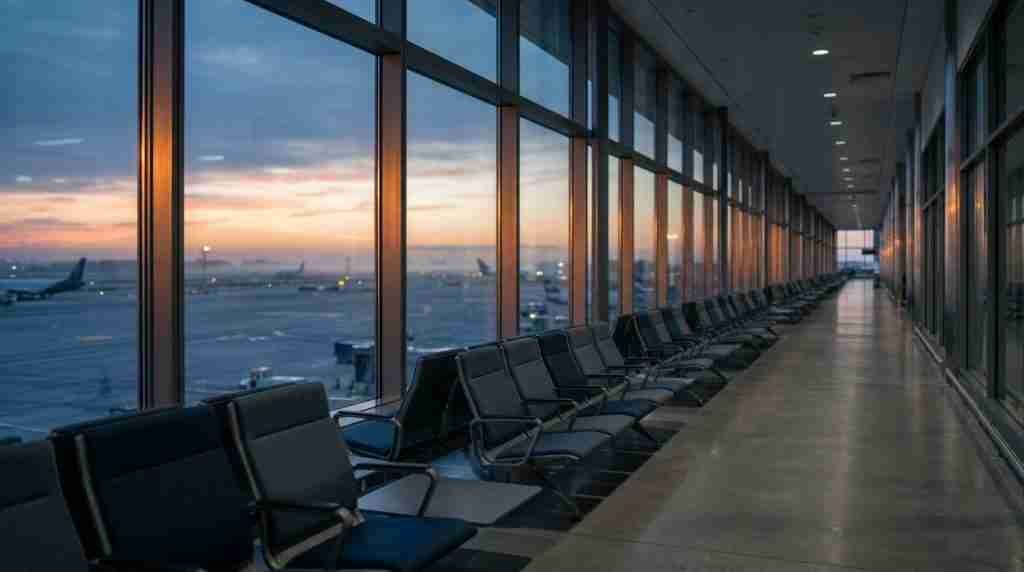 Empty airport seating rows face wide windows overlooking a tarmac at dawn with aircraft silhouettes in soft haze